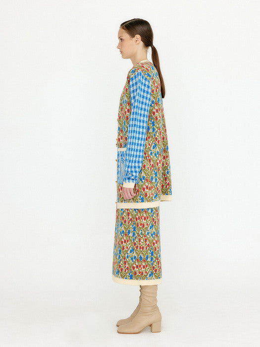 Eenk Vemily Floral Pattern Knit Midi Skirt - Ivory/Blue/Red Multi