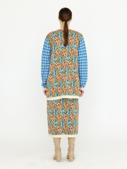 Eenk Vemily Floral Pattern Knit Midi Skirt - Ivory/Blue/Red Multi