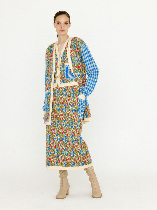 Eenk Vemily Floral Pattern Knit Midi Skirt - Ivory/Blue/Red Multi