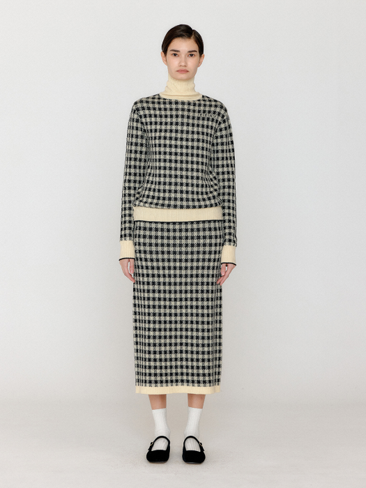 Eenk Vemily Gingham Check Knit Midi Skirt - Black/Ivory