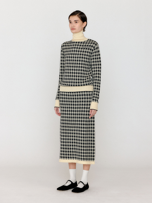 Eenk Vemily Gingham Check Knit Midi Skirt - Black/Ivory
