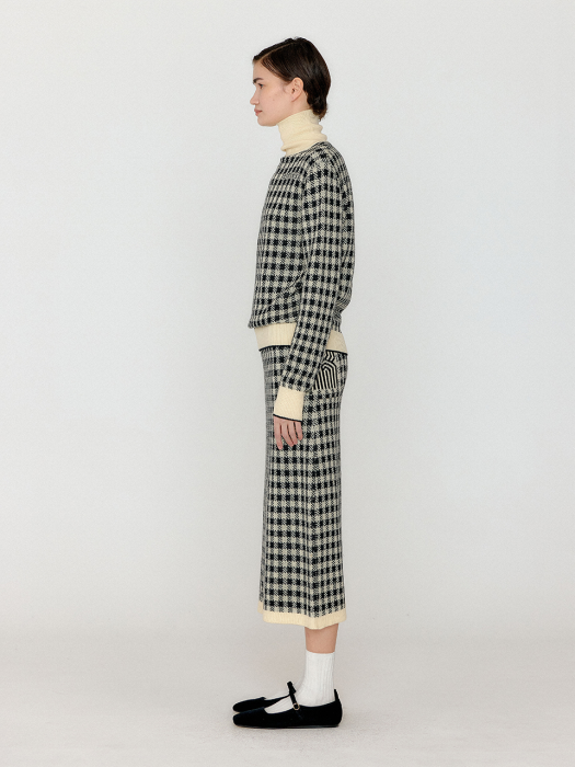 Eenk Vemily Gingham Check Knit Midi Skirt - Black/Ivory