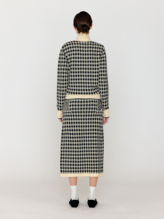 Eenk Vemily Gingham Check Knit Midi Skirt - Black/Ivory