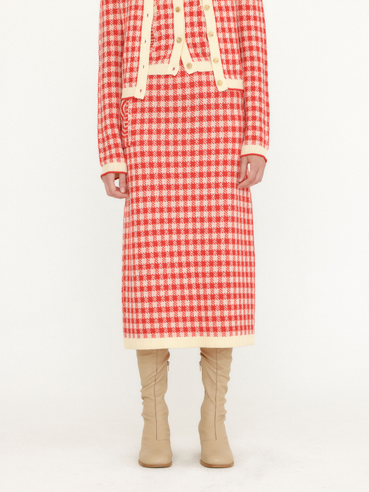 Eenk Vemily Gingham Check Knit Midi Skirt - Red/Ivory