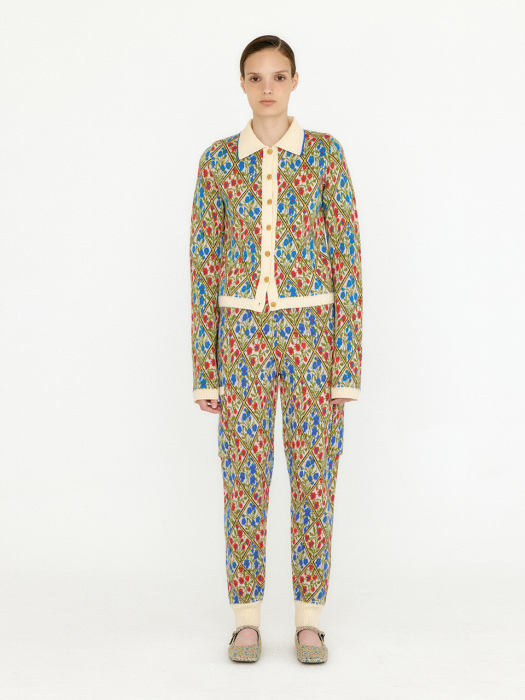 Eenk Vemi Floral Pattern Knit Jogger Pants - Ivory/Blue/Red Multi