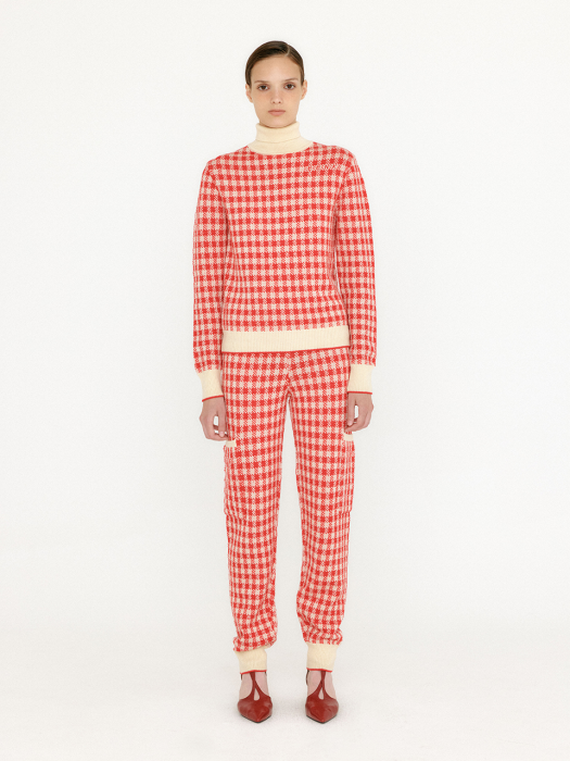 Eenk Vemi Gingham Check Knit Jogger Pants - Red/Ivory