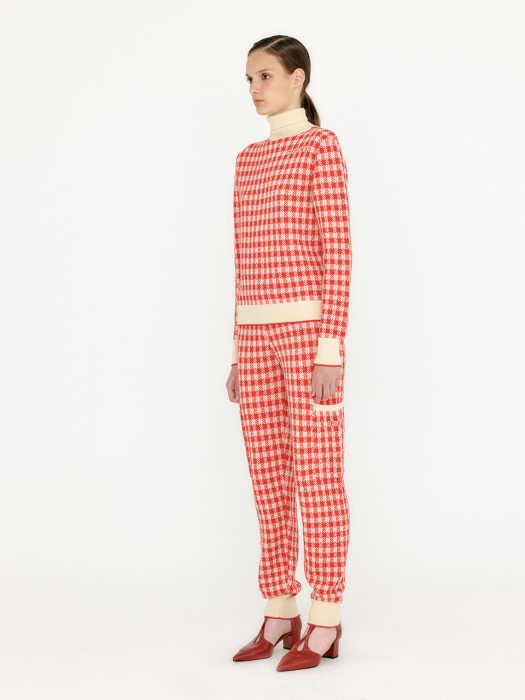 Eenk Vemi Gingham Check Knit Jogger Pants - Red/Ivory