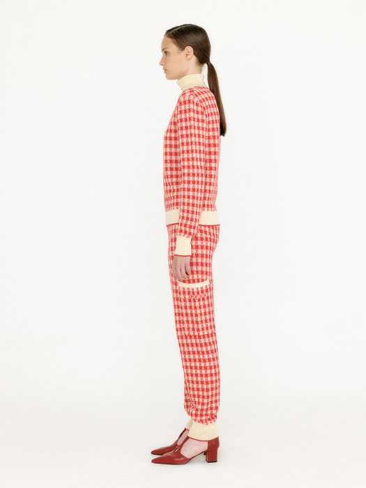 Eenk Vemi Gingham Check Knit Jogger Pants - Red/Ivory