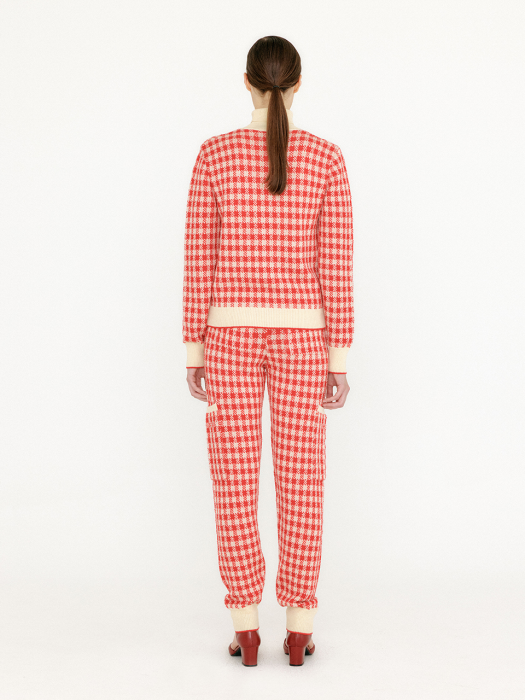 Eenk Vemi Gingham Check Knit Jogger Pants - Red/Ivory