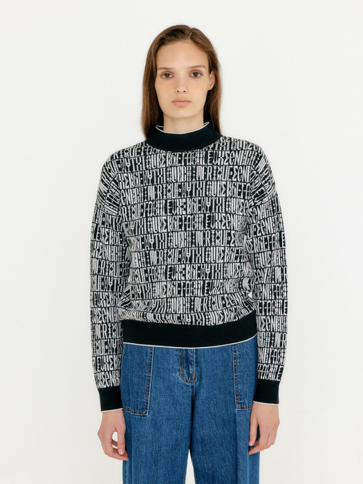 Eenk Vibo Jacquard Pattern High Neck Knit Pullover - Black/Ivory Multi