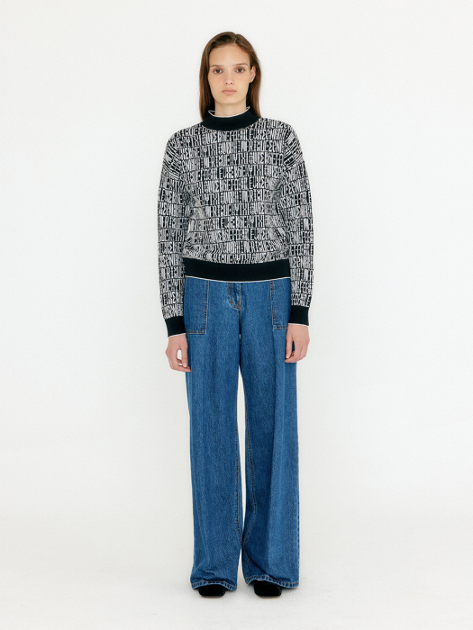 Eenk Vibo Jacquard Pattern High Neck Knit Pullover - Black/Ivory Multi