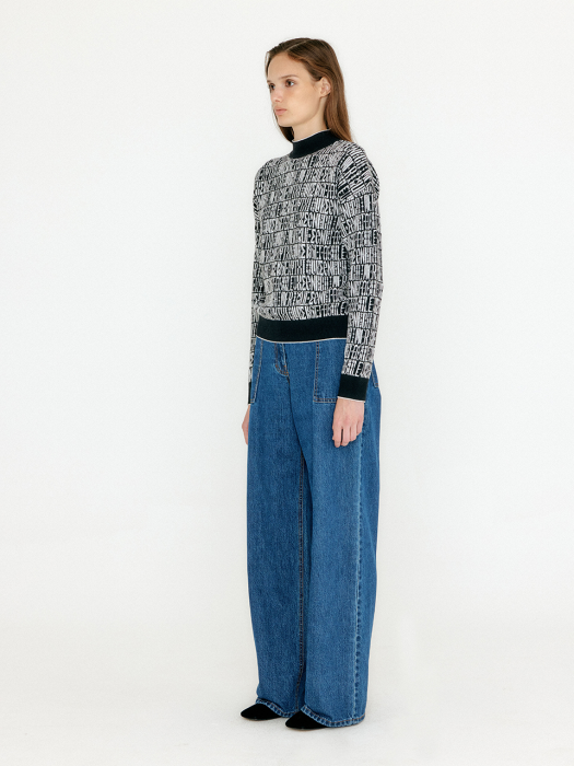 Eenk Vibo Jacquard Pattern High Neck Knit Pullover - Black/Ivory Multi