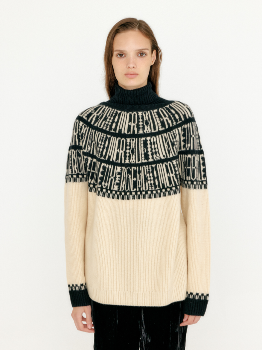 Eenk Vibble Paneled Lettering Jacquard Pullover - Beige/Black
