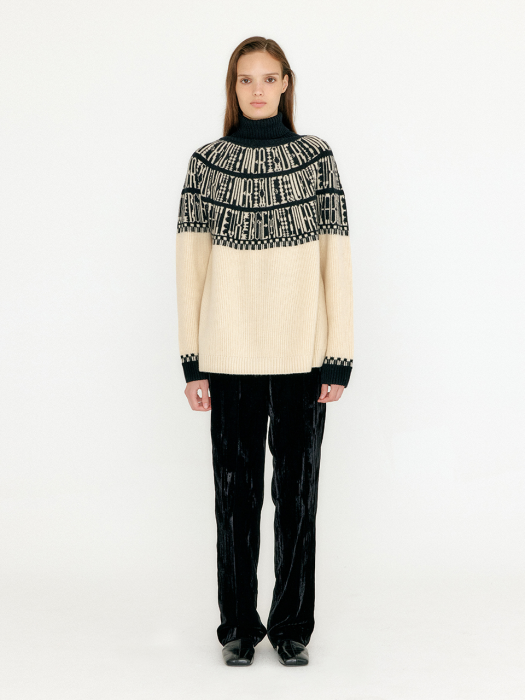 Eenk Vibble Paneled Lettering Jacquard Pullover - Beige/Black
