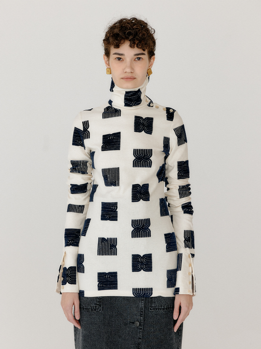 Eenk Verosa Logo Pattern Turtleneck Top - Ivory/Black