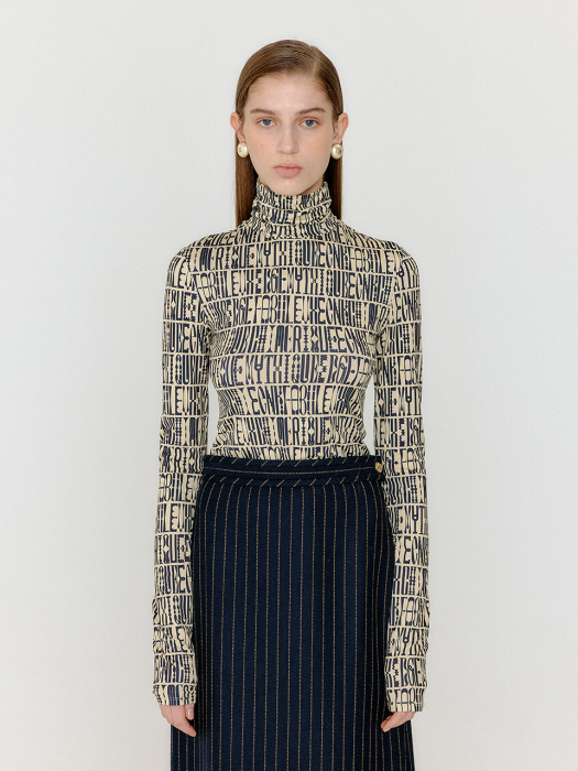 Eenk Vol Pattern Turtleneck Top - Ivory/Black