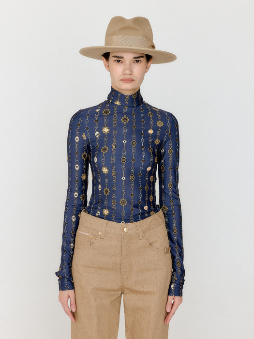 [EENK] Vol Pattern Turtleneck Top - Navy Multi