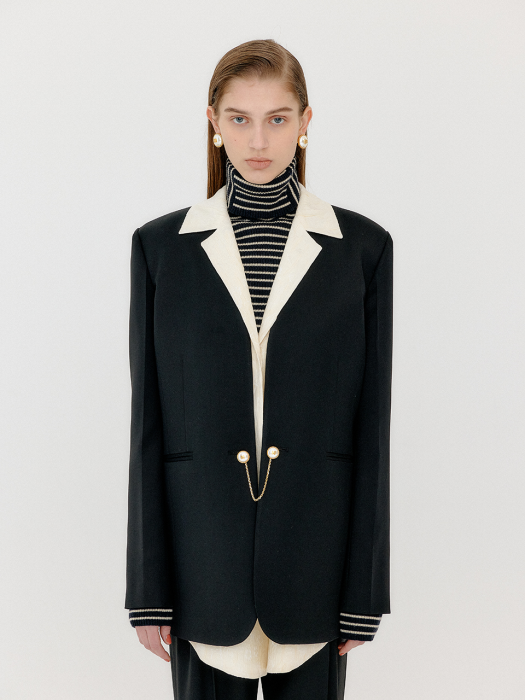 Eenk Vambi Shirt-Collar Single Blazer - Black/Ivory