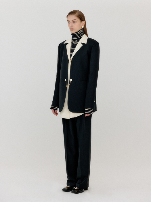 Eenk Vambi Shirt-Collar Single Blazer - Black/Ivory