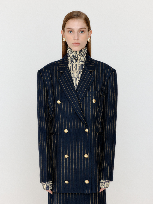Eenk Vanette Double-Breasted Blazer - Navy/Beige Stripe