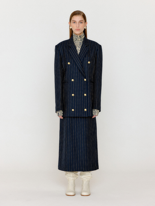 Eenk Vanette Double-Breasted Blazer - Navy/Beige Stripe