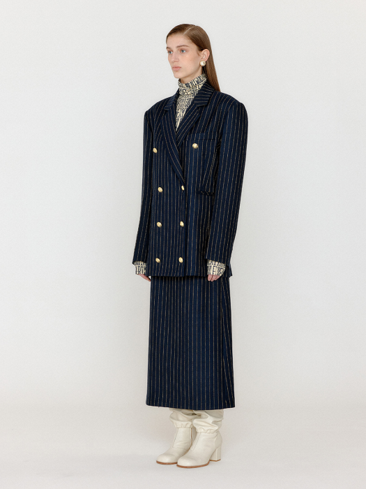 Eenk Vanette Double-Breasted Blazer - Navy/Beige Stripe