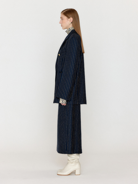 Eenk Vanette Double-Breasted Blazer - Navy/Beige Stripe