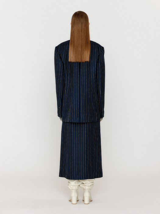 Eenk Vanette Double-Breasted Blazer - Navy/Beige Stripe