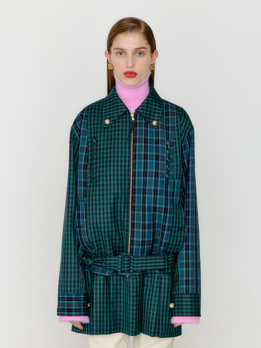 Eenk Venita Paneled Check Pattern Blouson - Green/Blue Check