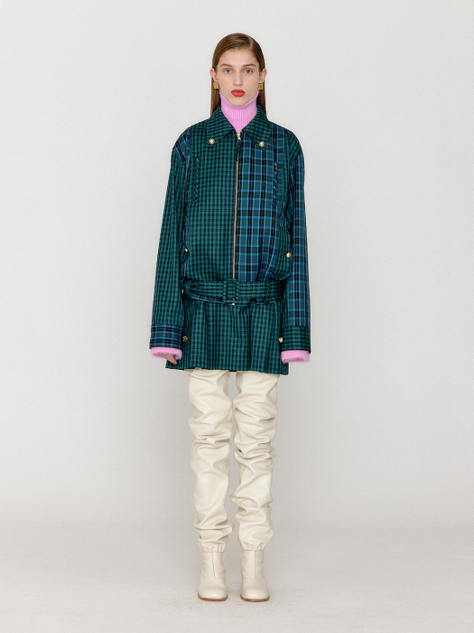 Eenk Venita Paneled Check Pattern Blouson - Green/Blue Check
