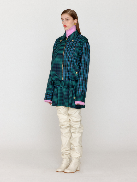 Eenk Venita Paneled Check Pattern Blouson - Green/Blue Check