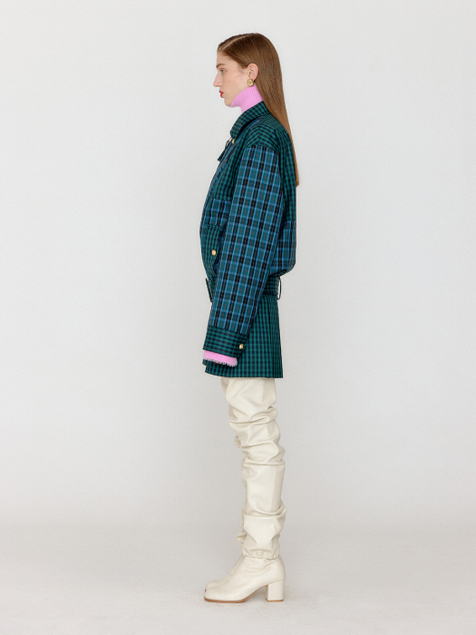 Eenk Venita Paneled Check Pattern Blouson - Green/Blue Check
