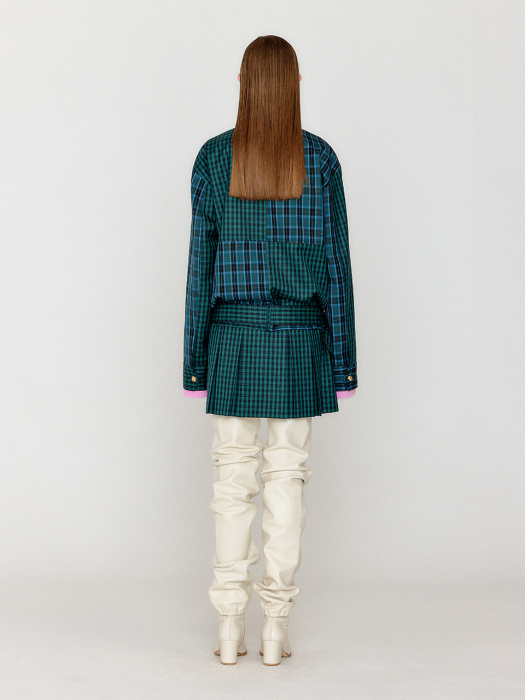 Eenk Venita Paneled Check Pattern Blouson - Green/Blue Check