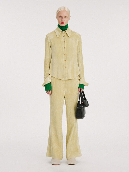 [recto] VELVET CORDUROY FLARE PANTS (LIME)