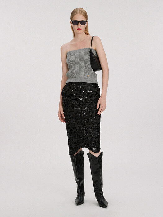 [recto] SEQUIN TWEED CURVED HEM LOW-RISE SKIRT (BLACK)
