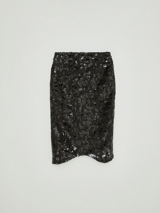 [recto] SEQUIN TWEED CURVED HEM LOW-RISE SKIRT (BLACK)