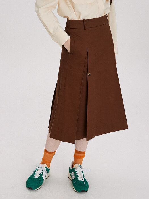 [recto] DOUBLE COTTON LOW-RISE PLEATED SKIRT (BROWN)