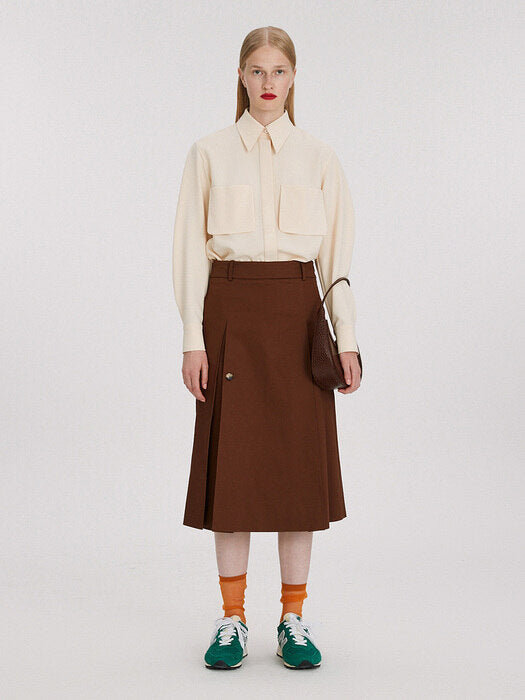 [recto] DOUBLE COTTON LOW-RISE PLEATED SKIRT (BROWN)