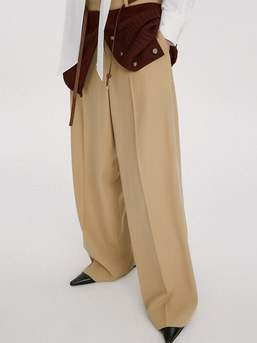 [recto] BOYFRIEND LOW-RISE LONG STRAP DETAIL WIDE PANTS (KAHKI BEIGE)