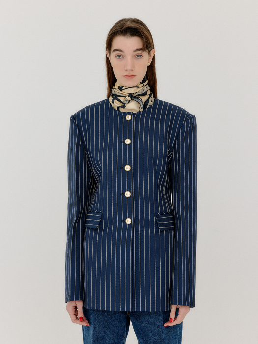 Eenk Vase Round Neck Long Jacket - Navy/Cream Stripe