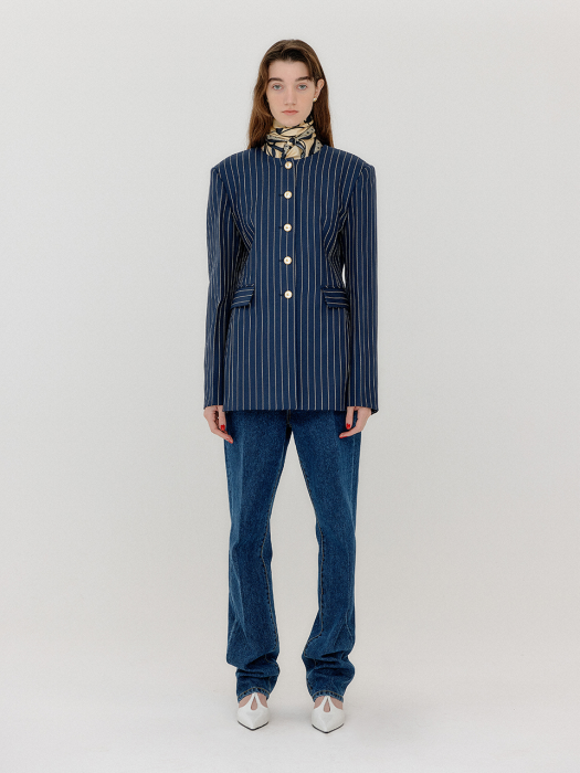 Eenk Vase Round Neck Long Jacket - Navy/Cream Stripe