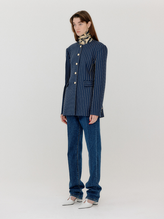 Eenk Vase Round Neck Long Jacket - Navy/Cream Stripe