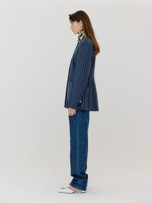 Eenk Vase Round Neck Long Jacket - Navy/Cream Stripe