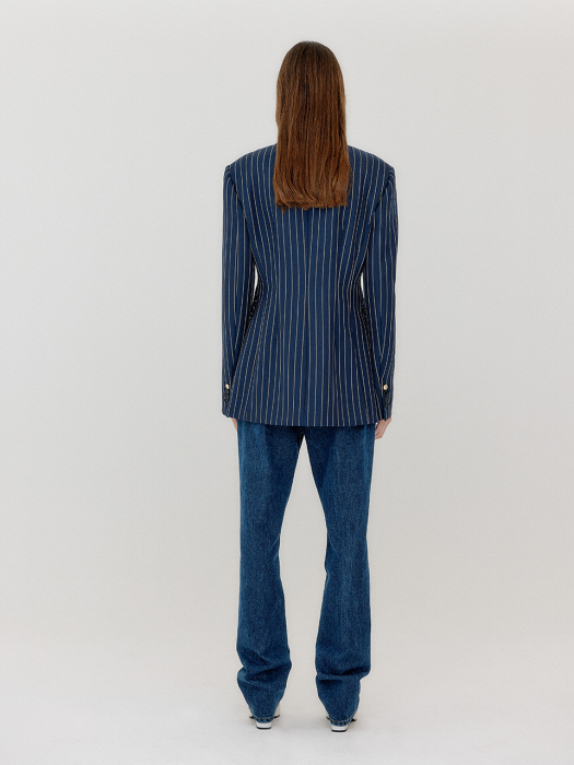 Eenk Vase Round Neck Long Jacket - Navy/Cream Stripe