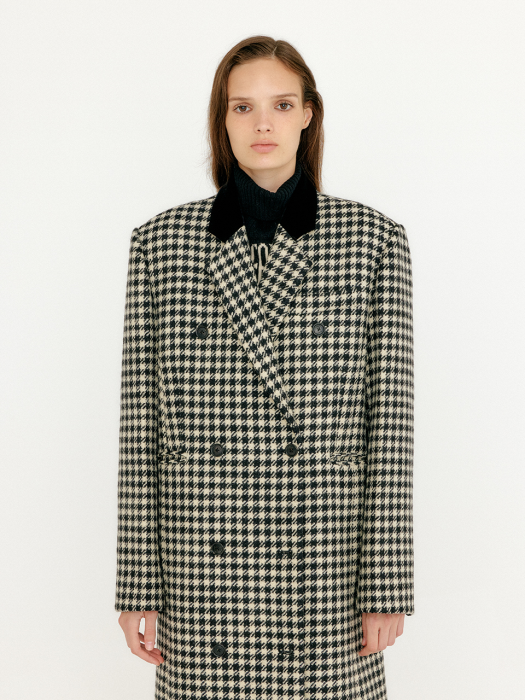 Eenk Velly Double-Breasted Gingham Coat - Black/Ivory Check