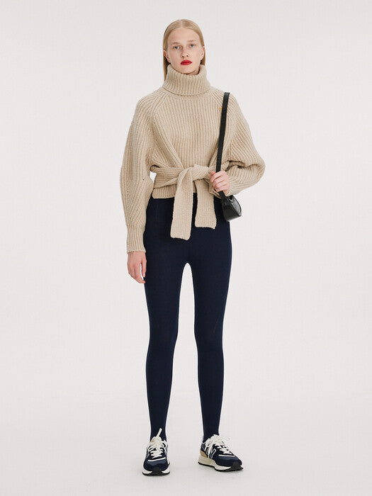 [recto] CHUNKY WOOL ROLL NECK CROPPED BELTED SWEATER, BEIGE
