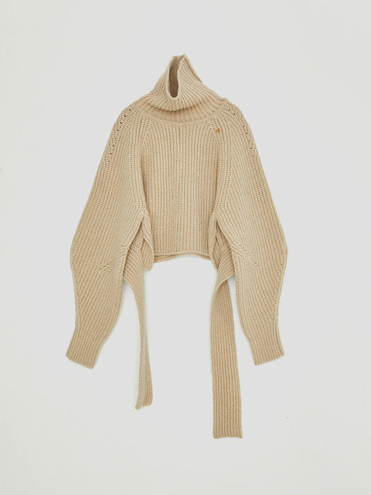 [recto] CHUNKY WOOL ROLL NECK CROPPED BELTED SWEATER, BEIGE