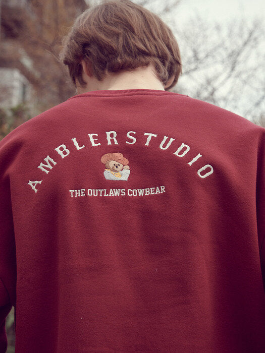 [ambler] Cowboy bear Over fit Sweatshirt AMM1019 (burgundy)
