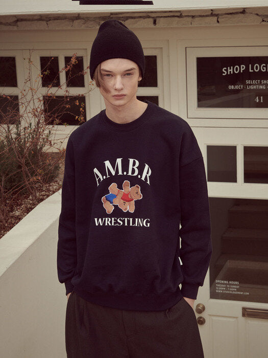 [ambler] Wrestling Over fit Sweatshirt AMM1022 (navy)