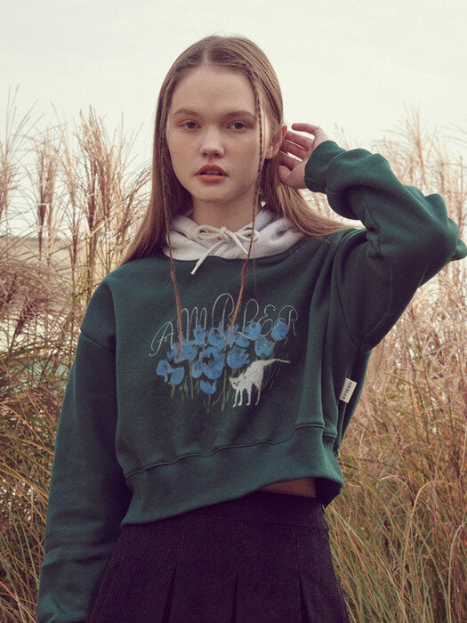 [ambler] Blue Flower Crop Hoodie Ahc202 (green)